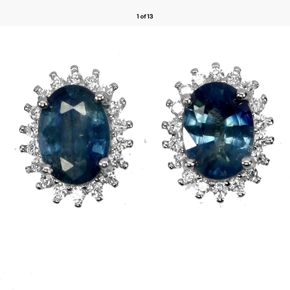 Genuine Blue sapphire 14K white gold/ 925 Silver stud Earrings NEW